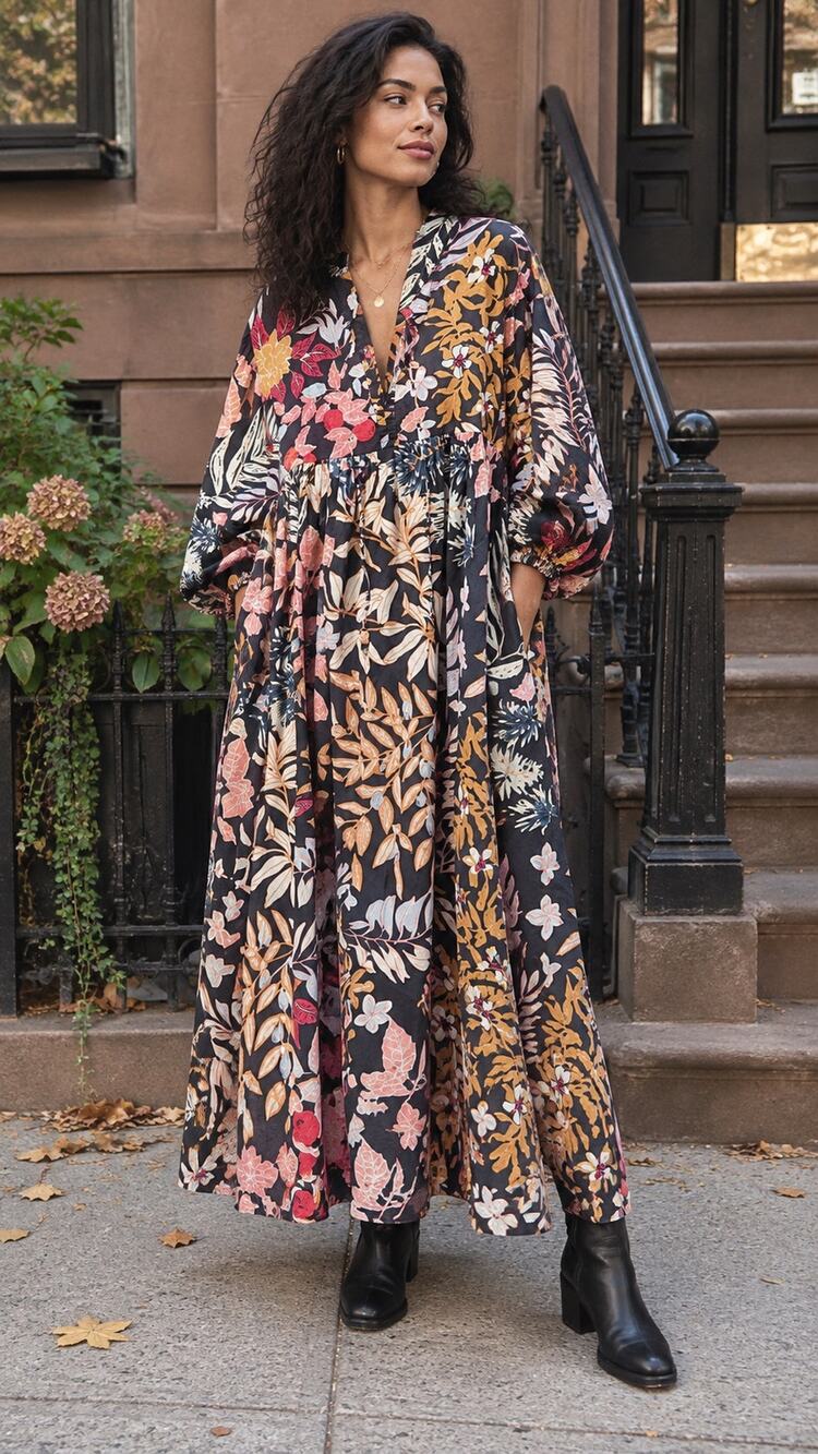 Kathmandu & Diddly Do Boho Cotton Floral Maxi Dress Tunic Puff Sleeve One Size